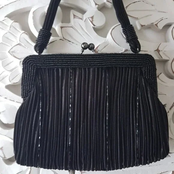 Jessica McClintock Black Beaded Evening Bag with Kiss Lock - Picture 2 of 10